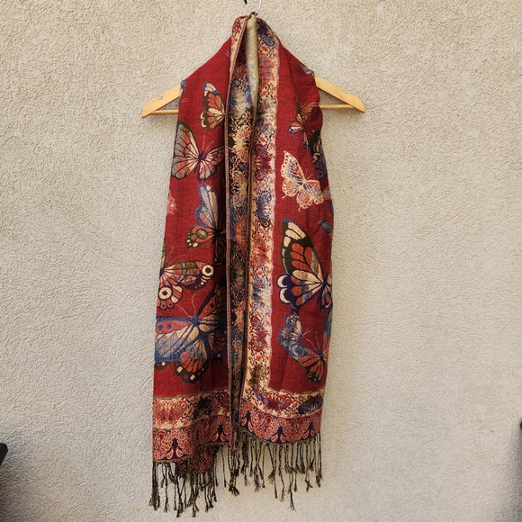 Butterfly Scarf Burgundy Beige Wrap Shawl Fringe 26 x 64 - Picture 4 of 7